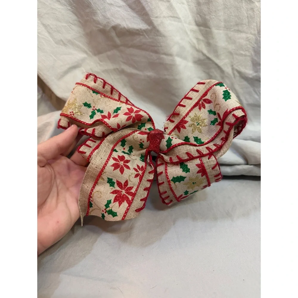 Christmas Poinsettia Burlap Hair Bow Red Green Gold Glitter French Barrette Clip
